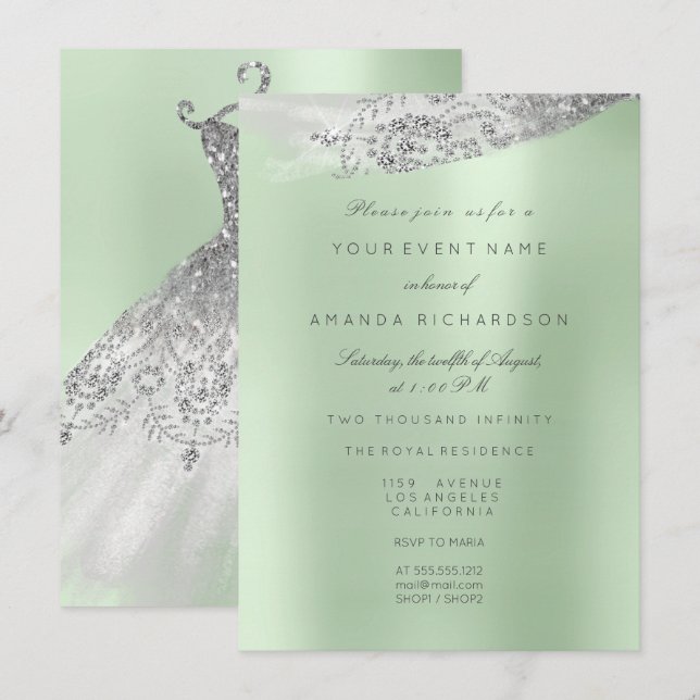 Invitación Vestido de novia blanco dulce 16 cumpleaños Verde  (Anverso / Reverso)