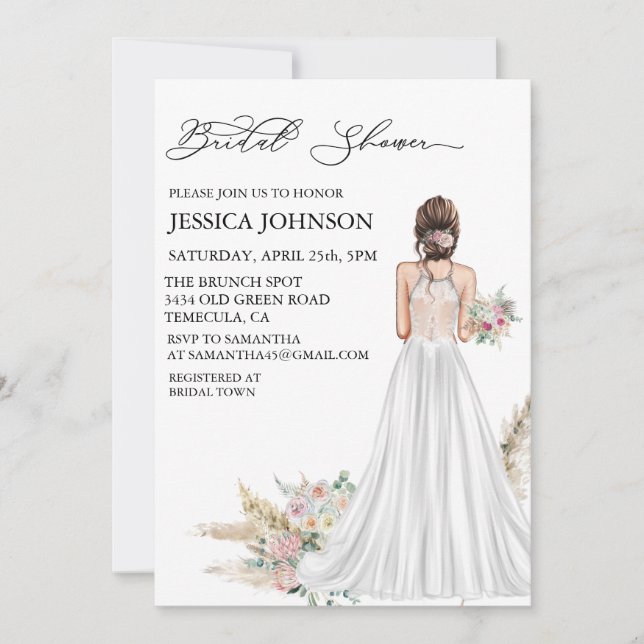 Invitación Vestido de novia bohemio chic para despedida de so (Anverso)