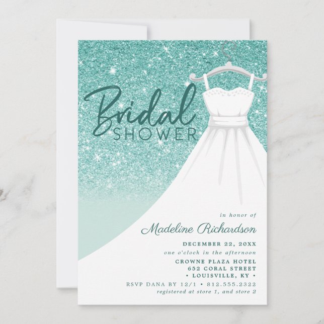 Invitación Vestido de Novia Brillo Turquesa Chic Despedida de (Anverso)