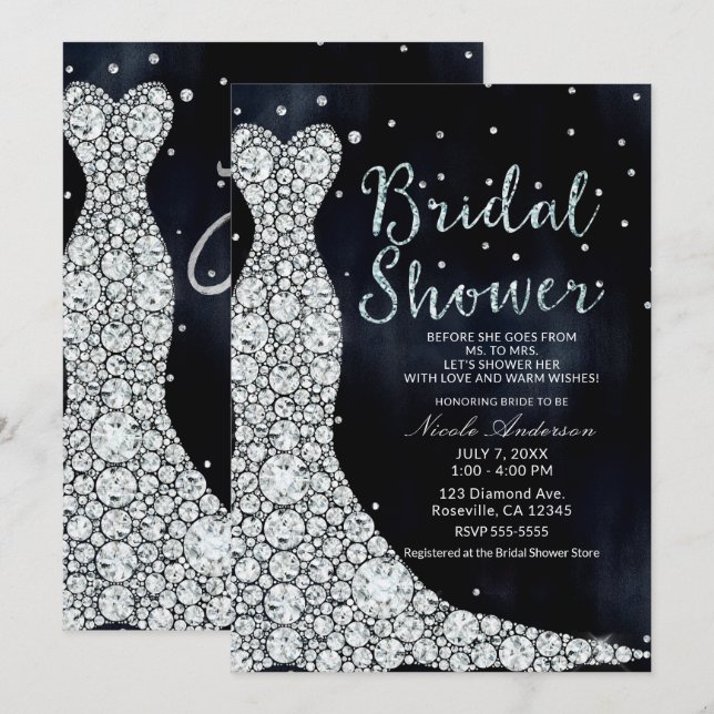 Invitación Vestido de Novia con Diamantes Moderno Azul Fiesta (Anverso / Reverso)