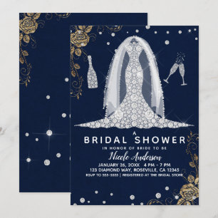 Invitación Vestido de novia de boda de diamante de rosa dorad
