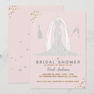 Invitación Vestido de novia de diamantes rosados y dorados pa