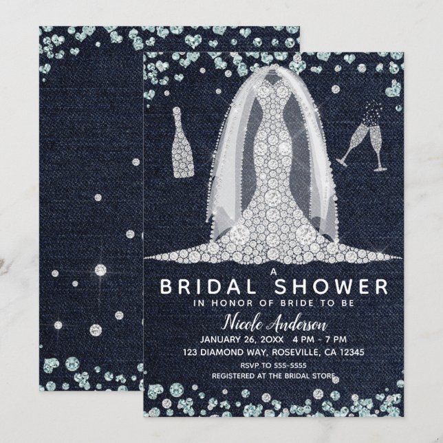 Invitación Vestido de novia de mezclilla y diamantes ducha de (Anverso / Reverso)