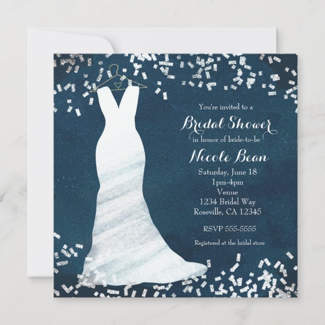Invitación Vestido de novia en percha y confeti para despedid (Anverso)