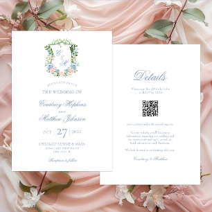 Invitación Vestido de Novia Floral Azul Polvoriento con Crest