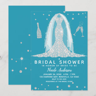 Invitación Vestido de Novia Glam Diamond Bridal Shower Teal