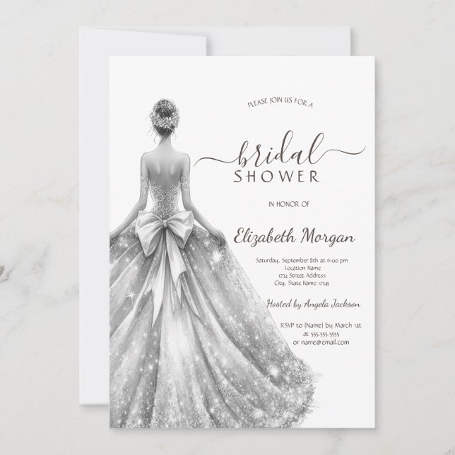 Invitación Vestido de novia plateado Purpurina de novia ducha (Anverso)