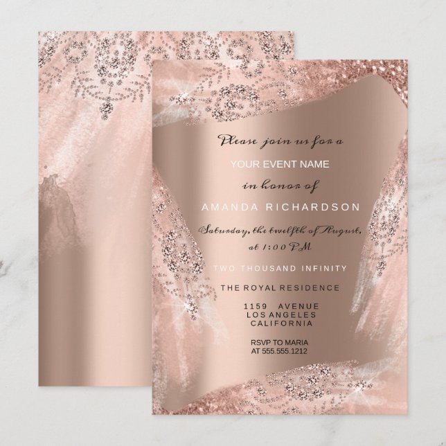 Invitación Vestido de novia Sparkly Rose Gold 16º dulce (Anverso / Reverso)