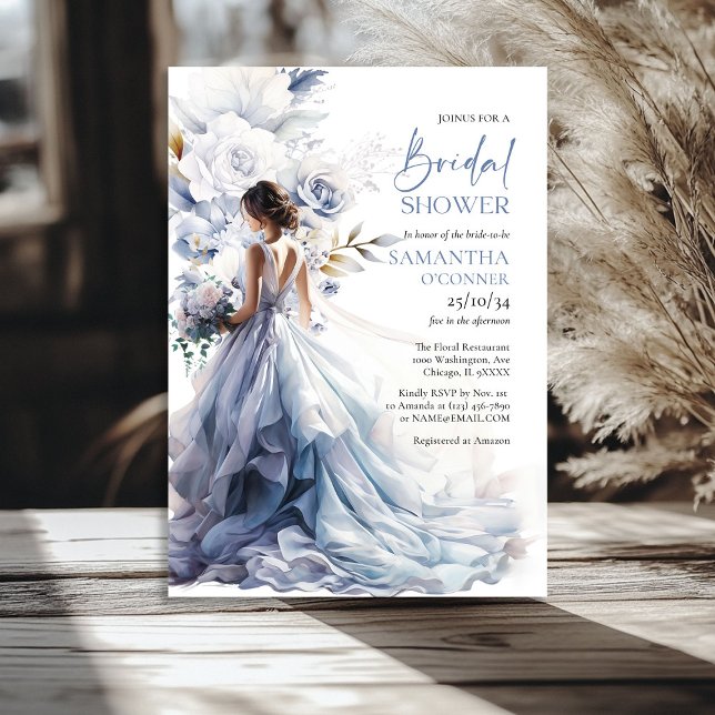 Invitación Vestido de novias con eucalipto azul floral azul p (Boho dusty blue floral eucalyptus bridal dress invitation)