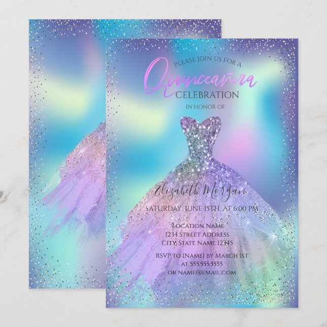 Invitación Vestido de Ombre, Confetti Holographic Quinceañera (Anverso / Reverso)