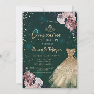 Invitación Vestido de oro de lujo, diamantes, flores Quinceañ