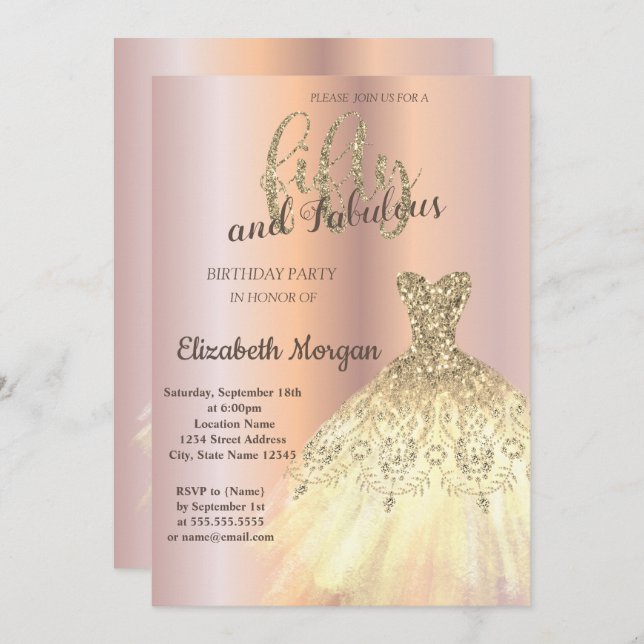 Invitación Vestido de oro de moda, fiesta de cumpleaños 50 de (Anverso / Reverso)