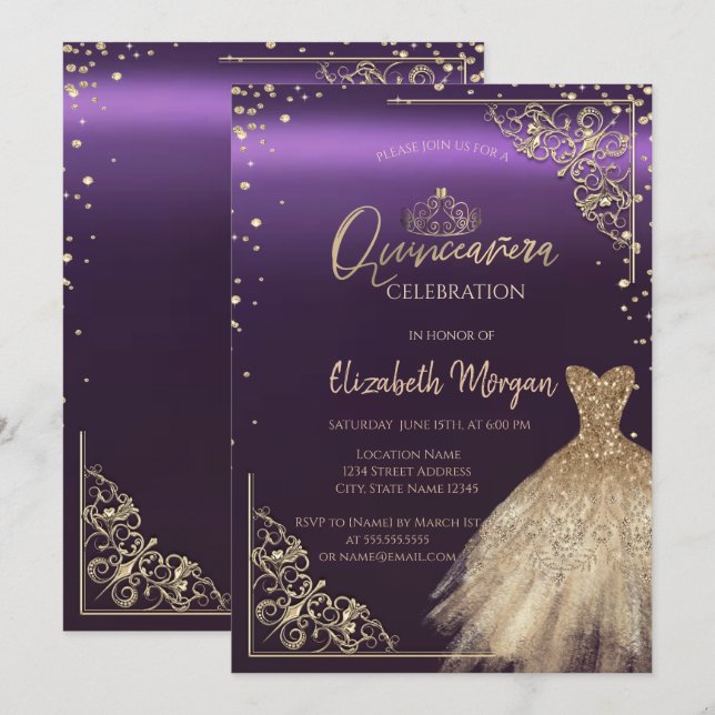 Invitación Vestido de oro de moda Tiara, diamantes púrpura Qu (Anverso / Reverso)