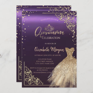 Invitación Vestido de oro de moda Tiara, diamantes púrpura Qu