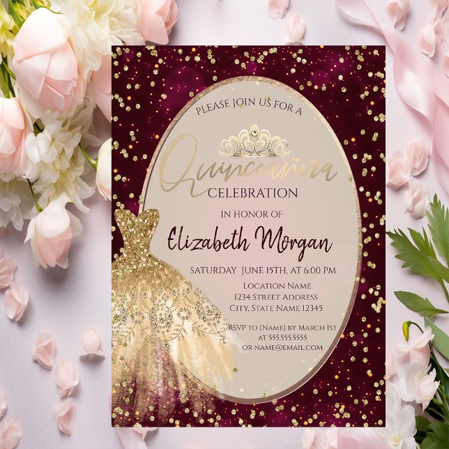 Invitación Vestido de oro de moda Tiara, Quinceañera Roja (Subido por el creador)