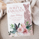 Invitación Vestido de oro de Rosa floral rosa Rubor 40 cumple<br><div class="desc">Rosa floral rosa Rubor Vestido de oro 40 cumpleaños Fiesta cuarenta y fabulosa invitación Muchas más variaciones de color de vestimenta y arreglos de flores en la colección (ver abajo)</div>