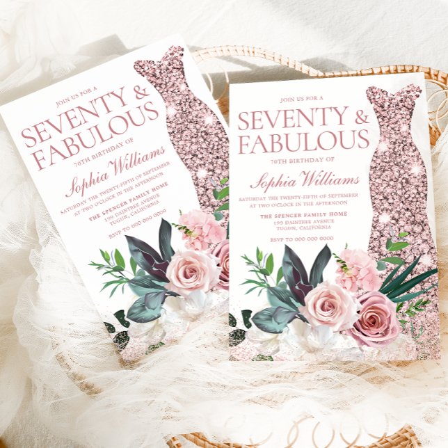 Invitación Vestido de oro de Rosa floral rosa Rubor 70 cumple (Subido por el creador)