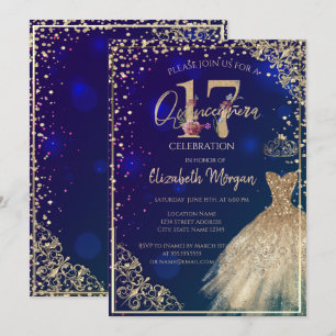 Invitación Vestido de Oro Diamantes Floral Azul Quinceañera