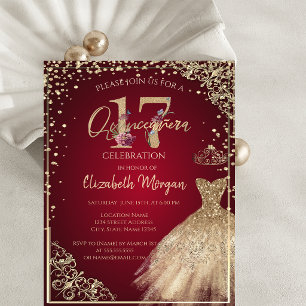 Invitación Vestido de Oro Diamantes Floral Rojo Quinceañera