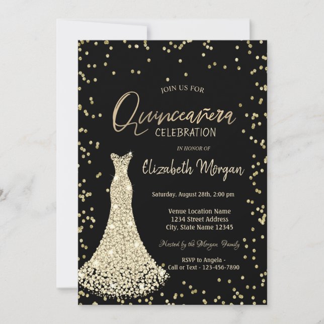 Invitación Vestido de oro Diamantes Negro Quinceañera (Anverso)