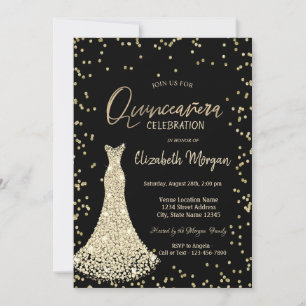Invitación Vestido de oro Diamantes Negro Quinceañera