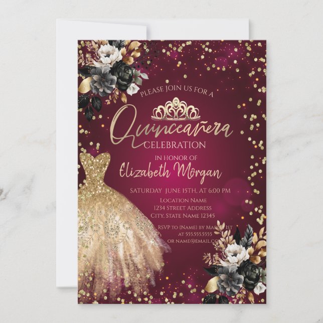 Invitación Vestido de oro, diamantes Rosas negros Quinceañera (Anverso)