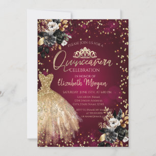 Invitación Vestido de oro, diamantes Rosas negros Quinceañera