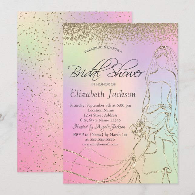 Invitación Vestido de oro, ducha holográfica de novia de diam (Anverso / Reverso)