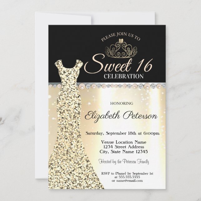 Invitación Vestido de oro elegante, Perlas Diamonds Dulce 16 (Anverso)