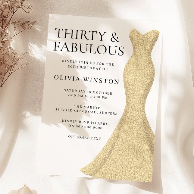 Invitación Vestido de oro elegante Treinta y fabuloso cumplea (Subido por el creador)