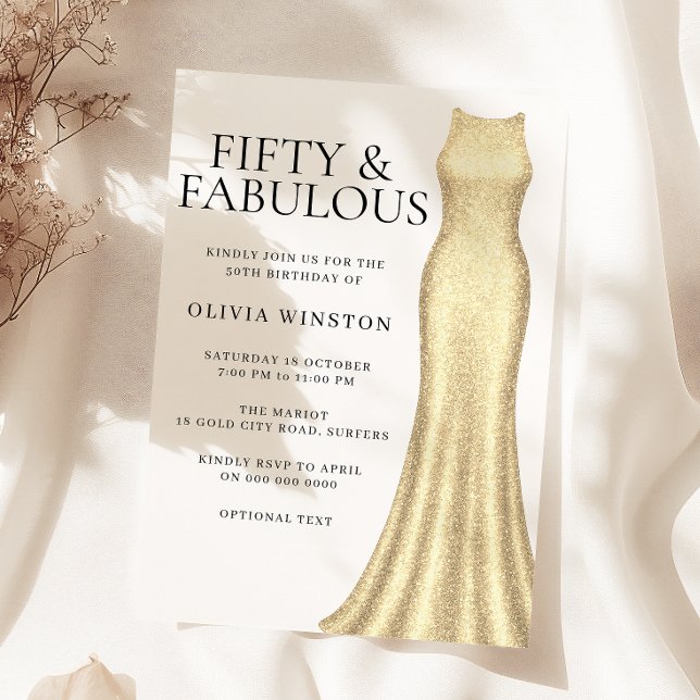 Invitación Vestido de oro espumoso mujeres 50 cumpleaños fies (Subido por el creador)