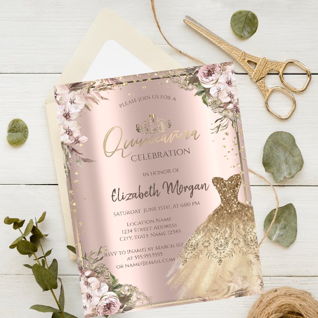 Invitación Vestido de oro, flores de boho de diamantes Quince (Subido por el creador)