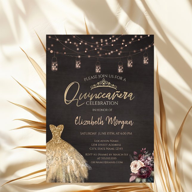 Invitación Vestido de oro Luces de cadena rústicas Rosas Quin (Subido por el creador)