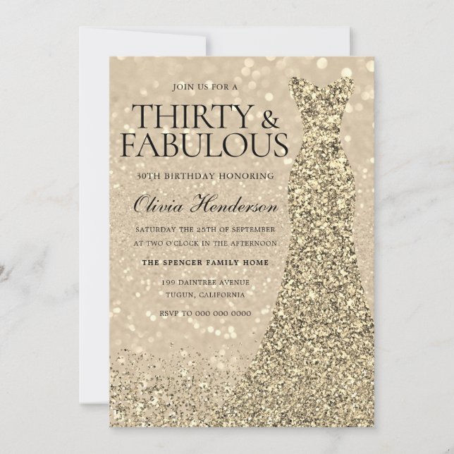 Invitación Vestido de oro mujeres 30 cumpleaños Fiesta Sparkl (Anverso)