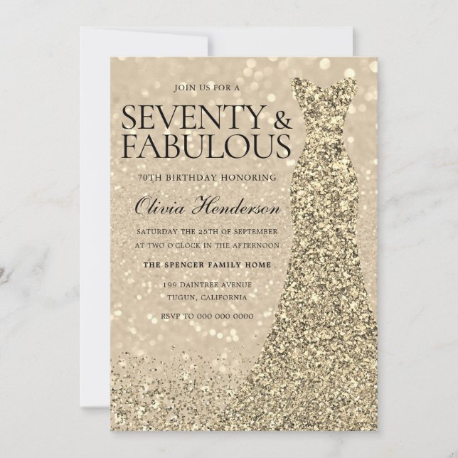 Invitación Vestido de oro mujeres 70 cumpleaños destello de f (Anverso)
