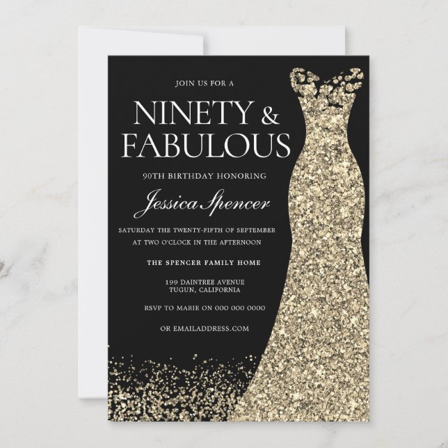 Invitación Vestido de oro negro noventa y fabuloso cumpleaños (Anverso)