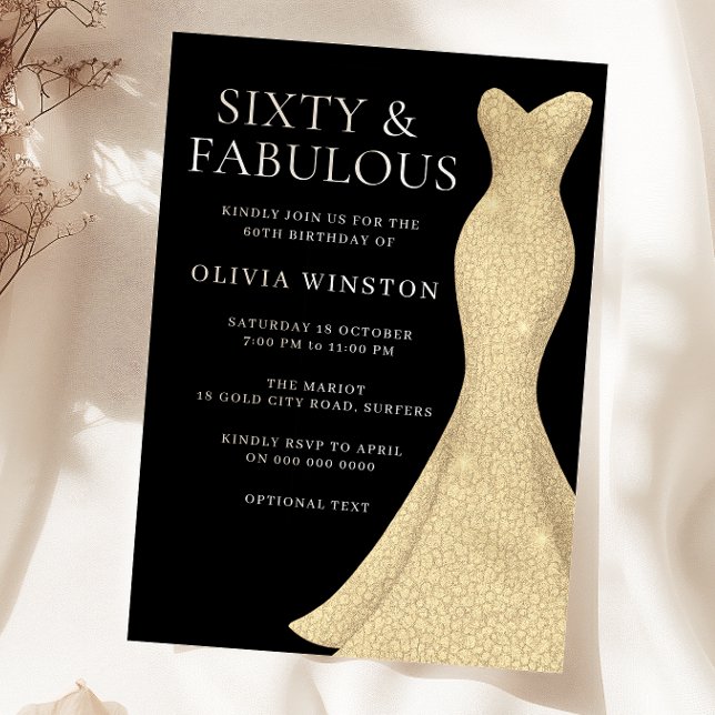 Invitación Vestido de oro Negro Sesenta y fabuloso cumpleaños (Subido por el creador)