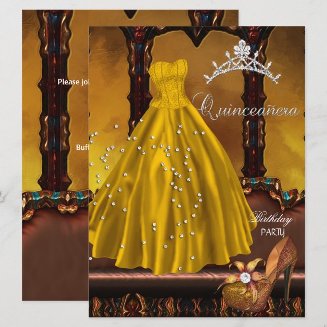 Invitación Vestido de oro para fiesta de cumpleaños Quinceañe (Anverso / Reverso)