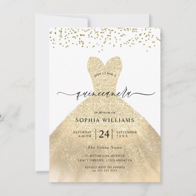 Invitación Vestido de oro Purpurina elegante Quinceanera Fies (Anverso)