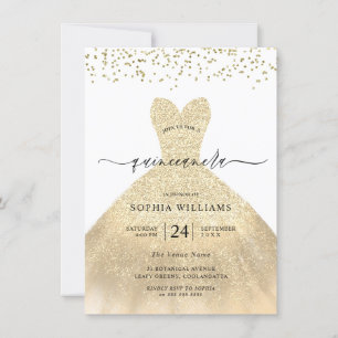 Invitación Vestido de oro Purpurina elegante Quinceanera Fies