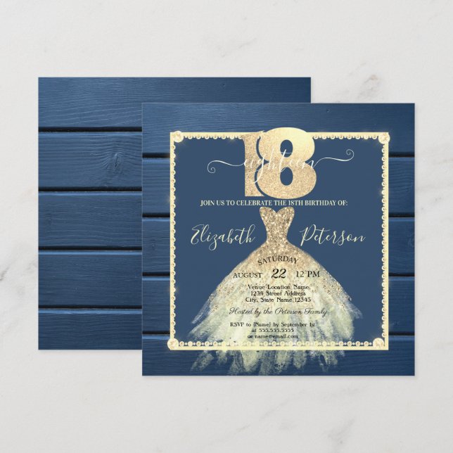 Invitación Vestido de oro Purpurina Navy Blue Wood 18 cumplea (Anverso / Reverso)