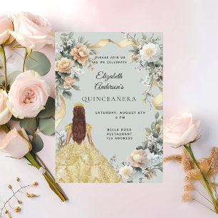 Invitación Vestido de oro quinceanera florines sage verde