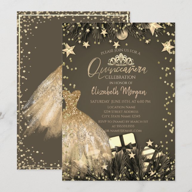 Invitación Vestido de oro, ramas, estrellas de diamantes Quin (Anverso / Reverso)