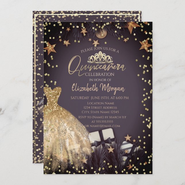 Invitación Vestido de oro, ramas, estrellas de diamantes Quin (Anverso / Reverso)