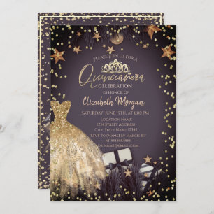 Invitación Vestido de oro, ramas, estrellas de diamantes Quin
