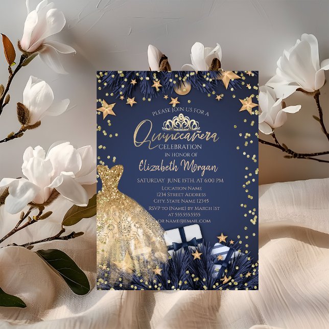 Invitación Vestido de oro, ramas, marina de diamantes azul Qu (Subido por el creador)