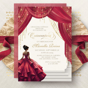 Invitación Vestido de oro rojo Quinceañera moderna