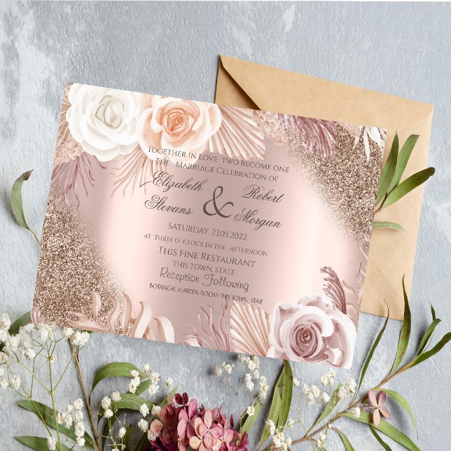 Invitación Vestido de oro rosa flores boho boda (Subido por el creador)