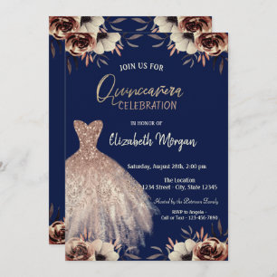 Invitación Vestido de oro Rosa Flores Marina Azul Quinceañera