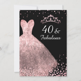 Invitación Vestido de oro Rosa negro 40 y fabuloso cumpleaños